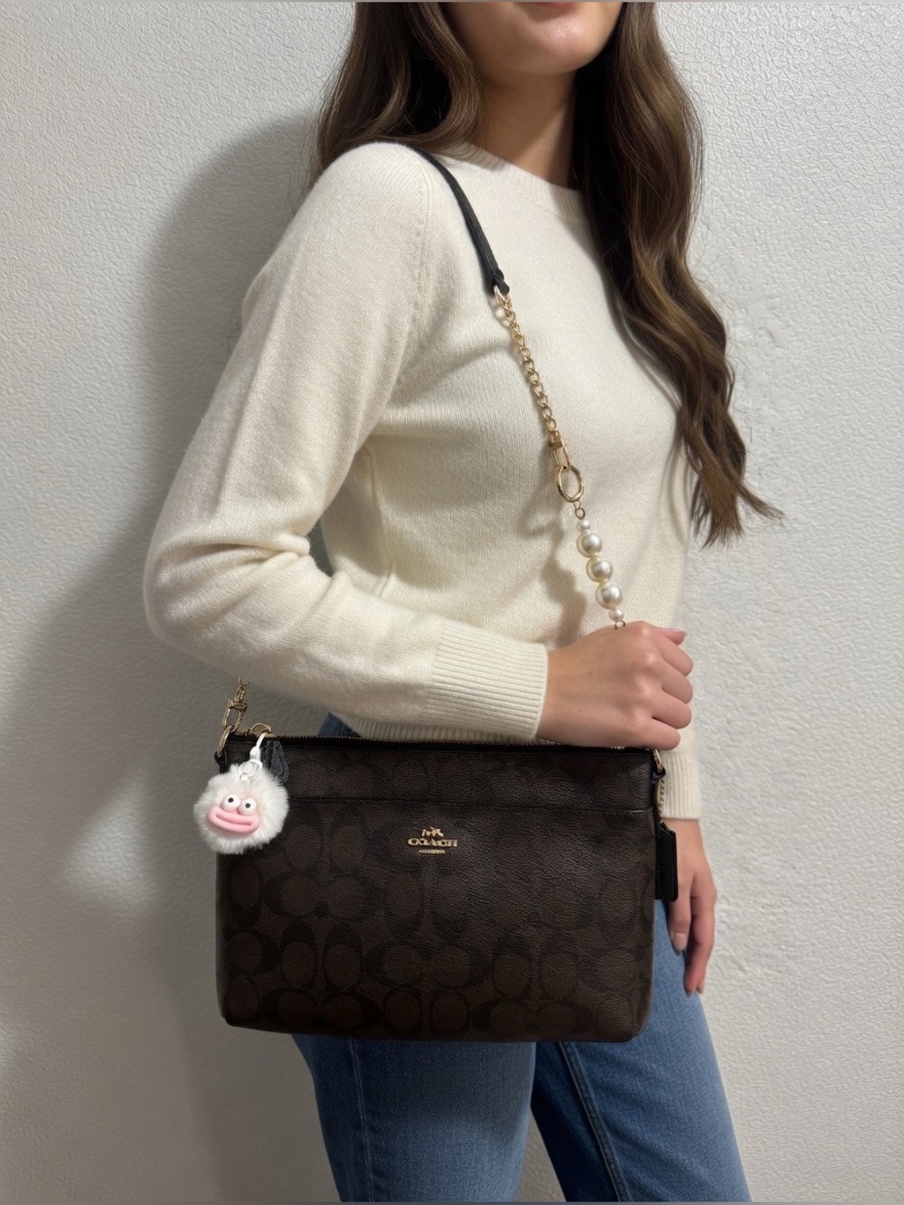 COACH Black Signature Monogram Chain Crossbody with Pearl Accent - Picture 11 of 17